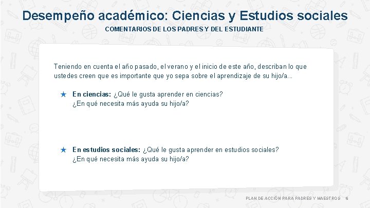 Desempeño académico: Ciencias y Estudios sociales COMENTARIOS DE LOS PADRES Y DEL ESTUDIANTE Teniendo