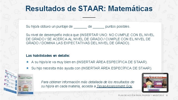 Resultados de STAAR: Matemáticas Su hijo/a obtuvo un puntaje de _______ de ______ puntos