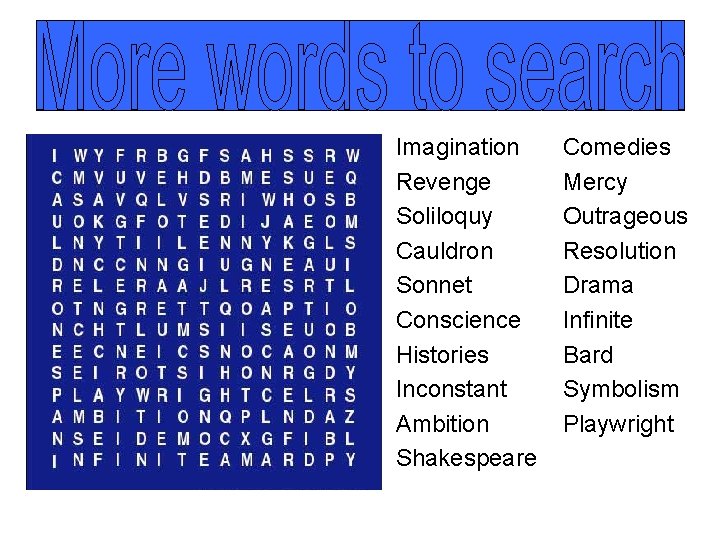 Imagination Revenge Soliloquy Cauldron Sonnet Conscience Histories Inconstant Ambition Shakespeare Comedies Mercy Outrageous Resolution