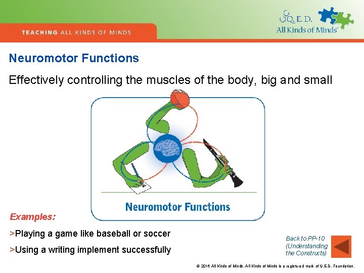 Neuromotor Functions Effectively controlling the muscles of the body, big and small Examples: >Playing