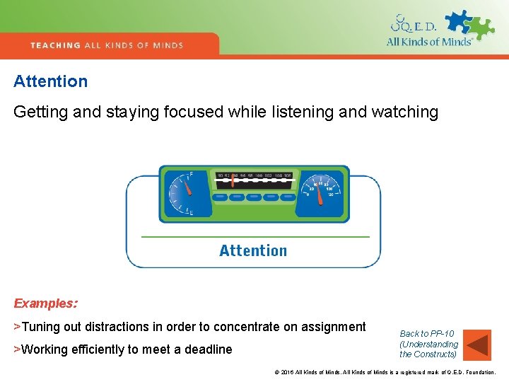 Attention Getting and staying focused while listening and watching Examples: >Tuning out distractions in