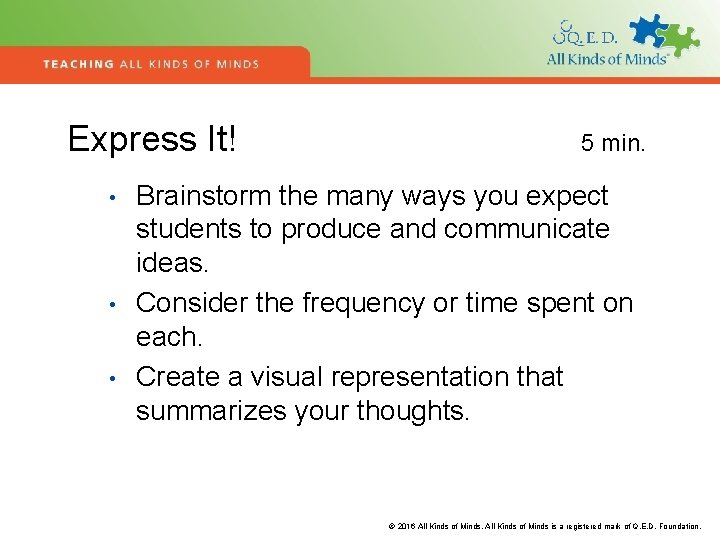 Express It! • • • 5 min. Brainstorm the many ways you expect students