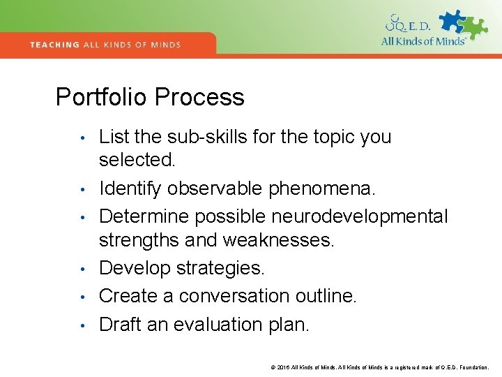 Portfolio Process • • • List the sub-skills for the topic you selected. Identify