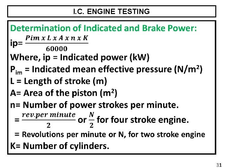 I. C. ENGINE TESTING 31 