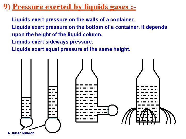 9) Pressure exerted by liquids gases : Liquids exert pressure on the walls of