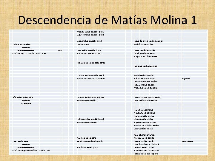 Descendencia de Matías Molina 1 Vicente Molina González (1831) Agustín Molina González (1833) Enrique