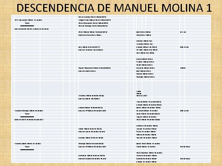 DESCENDENCIA DE MANUEL MOLINA 1 Pedro Francisco Martín Molina(1854) Mªa Encarnación Molina Hernández Eulogia