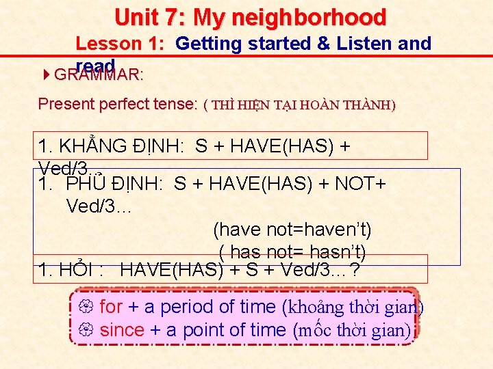 Unit 7: My neighborhood Lesson 1: Getting started & Listen and read GRAMMAR: Present