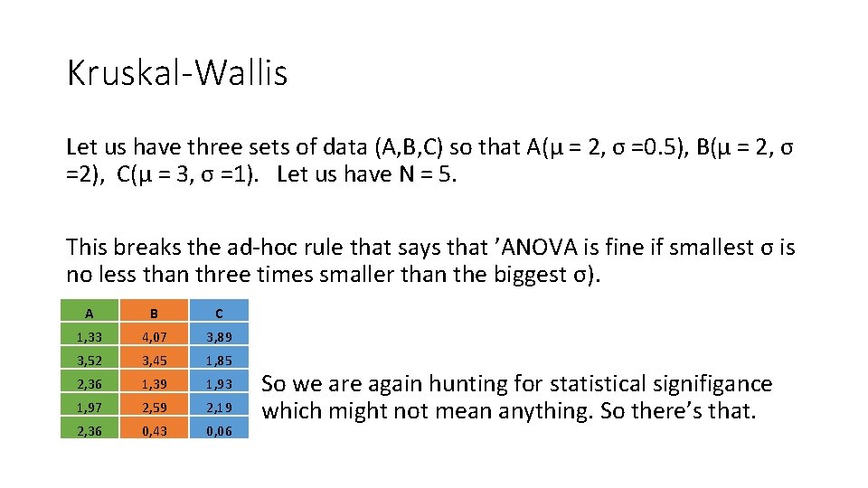 Kruskal-Wallis Let us have three sets of data (A, B, C) so that A(μ