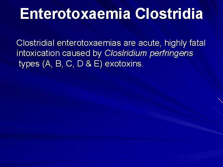 Enterotoxaemia Clostridial enterotoxaemias are acute, highly fatal intoxication caused by Closlridium perfringens types (A,