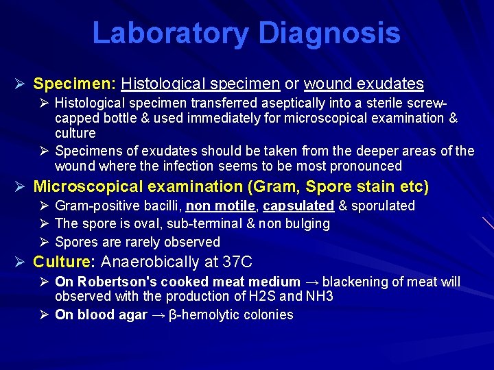 Laboratory Diagnosis Ø Specimen: Histological specimen or wound exudates Ø Histological specimen transferred aseptically