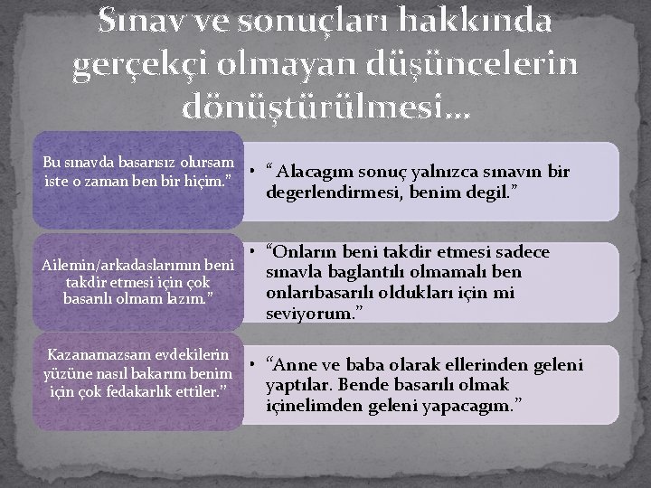 Sınav ve sonuçları hakkında gerçekçi olmayan düşüncelerin dönüştürülmesi… Bu sınavda basarısız olursam iste o