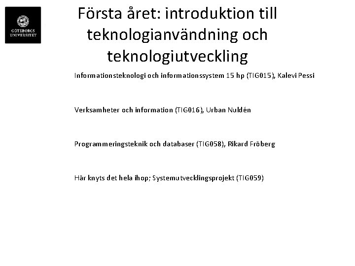 Första året: introduktion till teknologianvändning och teknologiutveckling Informationsteknologi och informationssystem 15 hp (TIG 015),