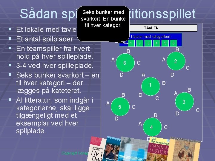 Sådan spilles repetitionsspillet § § § Seks bunker med svarkort. En bunke til hver