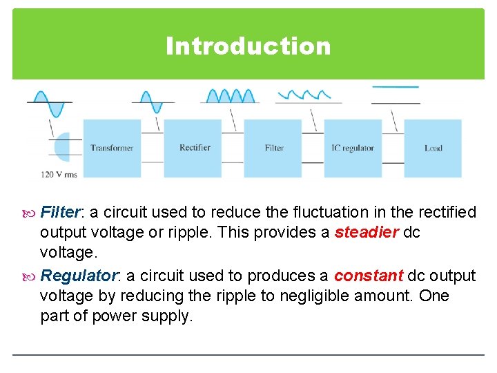 Introduction Filter: Filter a circuit used to reduce the fluctuation in the rectified output