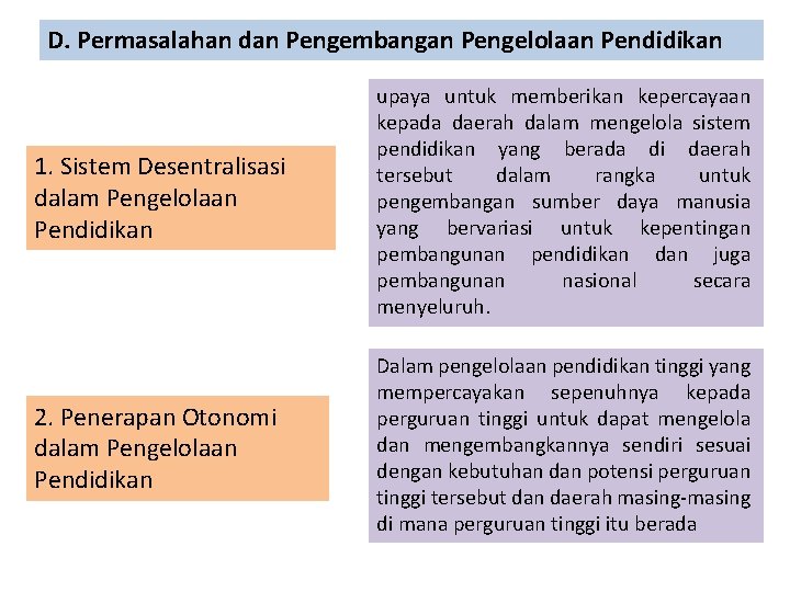 D. Permasalahan dan Pengembangan Pengelolaan Pendidikan 1. Sistem Desentralisasi dalam Pengelolaan Pendidikan upaya untuk