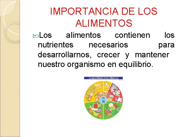 IMPORTANCIA DE LOS ALIMENTOS Los alimentos contienen los nutrientes necesarios para desarrollarnos, crecer y