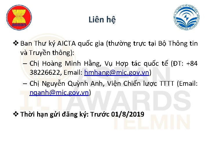 Liên hệ v Ban Thư ký AICTA quốc gia (thường trực tại Bộ Thông