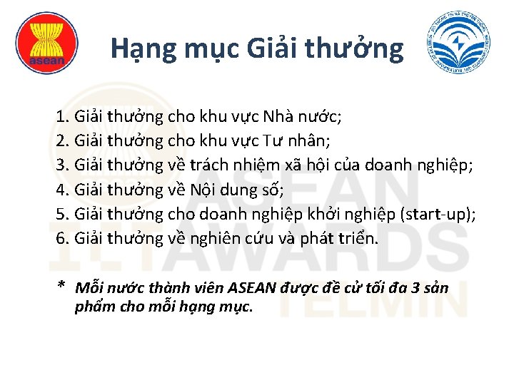 Hạng mục Giải thưởng 1. Giải thưởng cho khu vực Nhà nước; 2. Giải