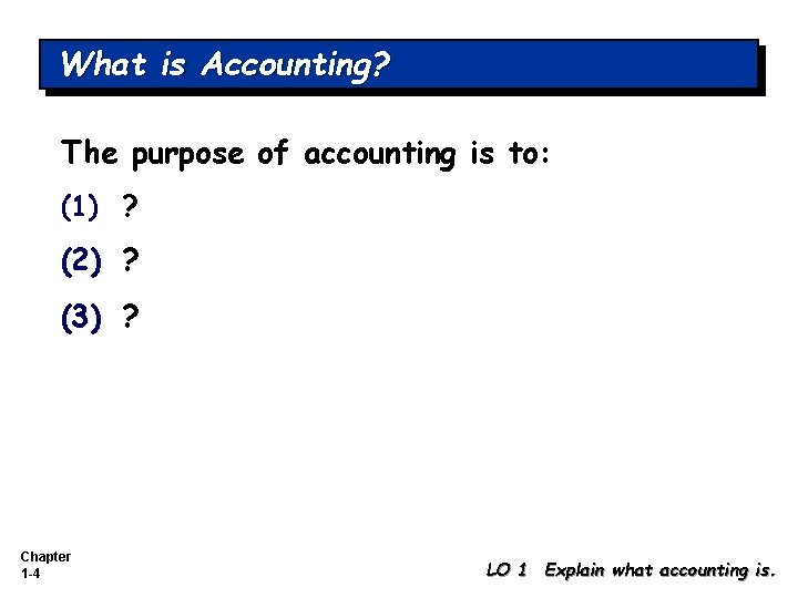 What is Accounting? The purpose of accounting is to: (1) ? (2) ? (3)