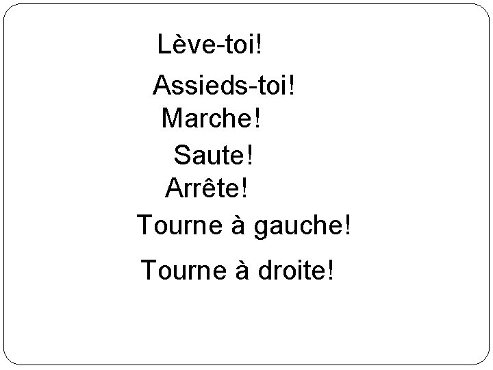 Lève-toi! Assieds-toi! Marche! Saute! Arrête! Tourne à gauche! Tourne à droite! 