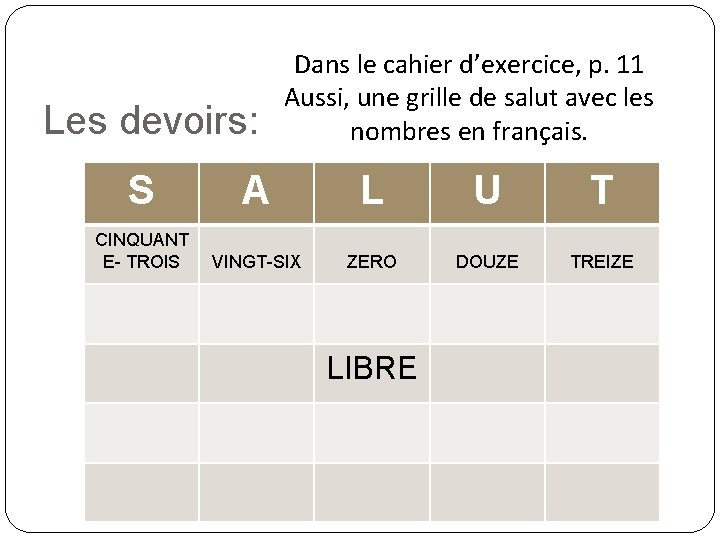 Les devoirs: Dans le cahier d’exercice, p. 11 Aussi, une grille de salut avec