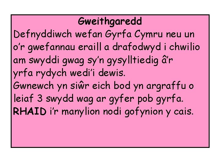 Gweithgaredd Defnyddiwch wefan Gyrfa Cymru neu un o’r gwefannau eraill a drafodwyd i chwilio