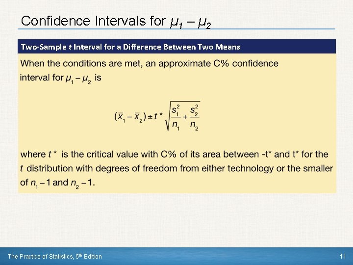 Confidence Intervals for µ 1 – µ 2 Two-Sample t Interval for a Difference