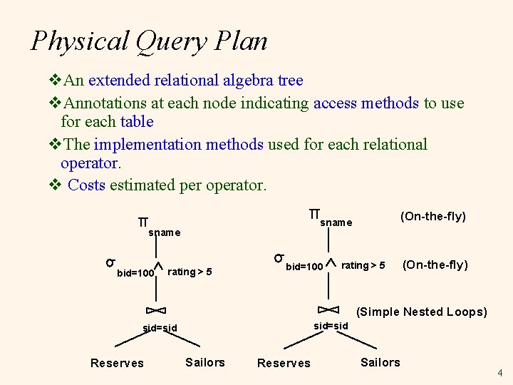 Physical Query Plan v. An extended relational algebra tree v. Annotations at each node