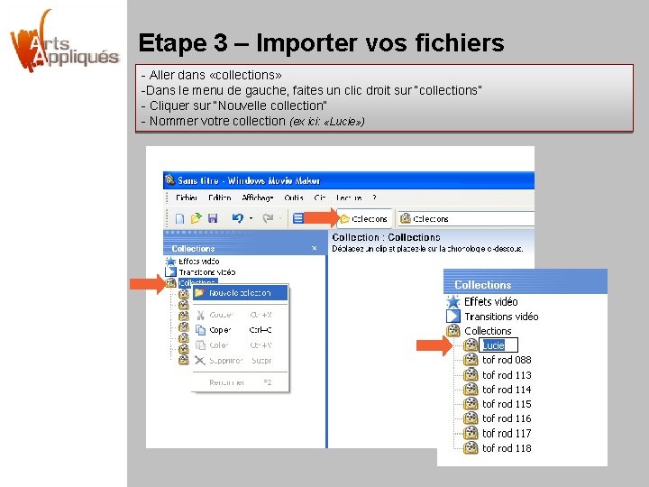 Etape 3 – Importer vos fichiers - Aller dans «collections» -Dans le menu de