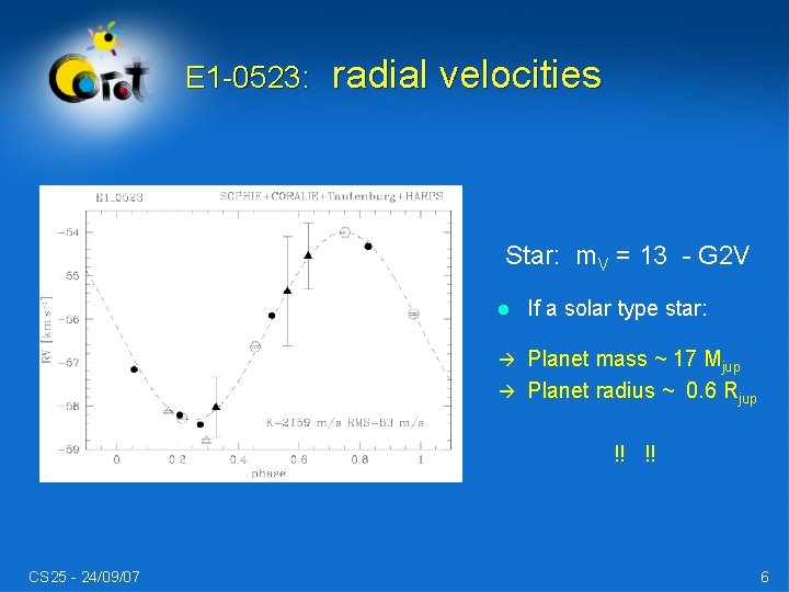 E 1 -0523: radial velocities Star: m. V = 13 - G 2 V