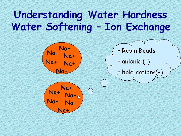 Understanding Water Hardness Water Softening – Ion Exchange Na+ Na+ Na+ • Resin Beads