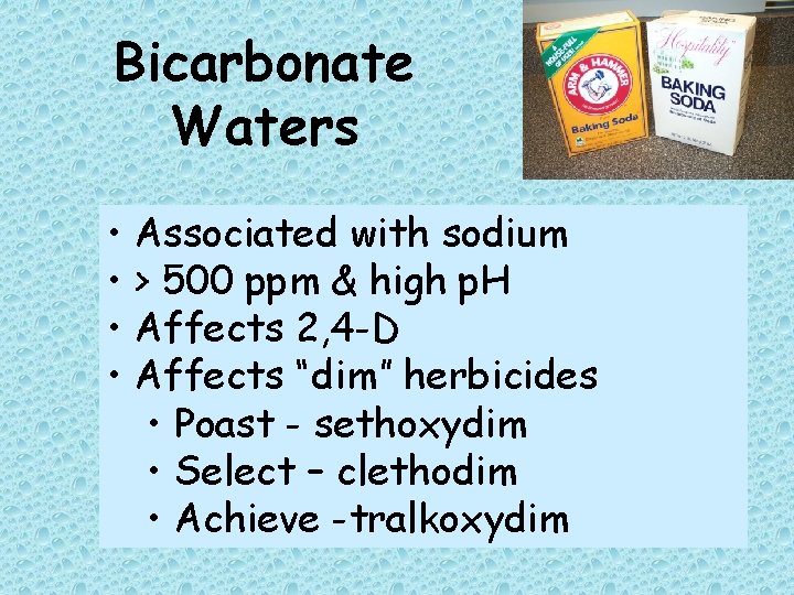 Bicarbonate Waters • Associated with sodium • > 500 ppm & high p. H