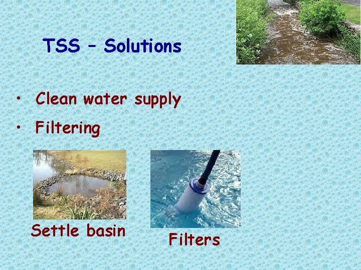 TSS – Solutions • Clean water supply • Filtering Settle basin Filters 