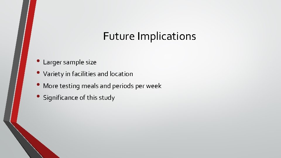 Future Implications • Larger sample size • Variety in facilities and location • More Future Implications • Larger sample size • Variety in facilities and location • More