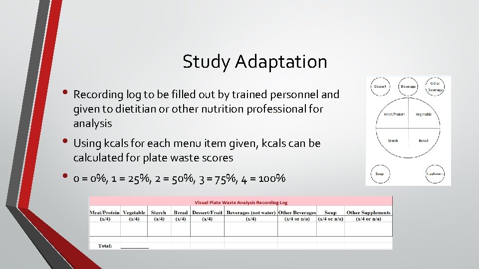 Study Adaptation • Recording log to be filled out by trained personnel and given Study Adaptation • Recording log to be filled out by trained personnel and given