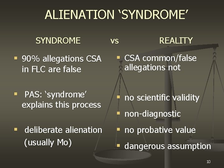 ALIENATION ‘SYNDROME’ SYNDROME vs REALITY § 90% allegations CSA § CSA common/false § PAS: