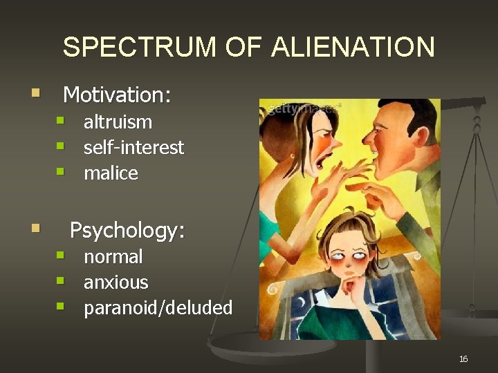SPECTRUM OF ALIENATION § Motivation: § § § altruism self-interest malice § Psychology: §