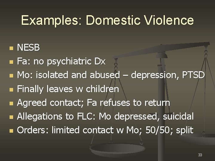 Examples: Domestic Violence n n n n NESB Fa: no psychiatric Dx Mo: isolated