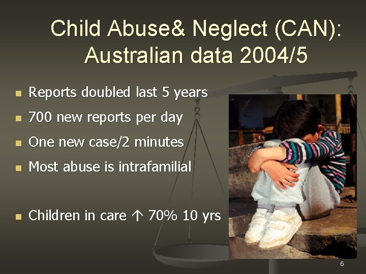 Child Abuse& Neglect (CAN): Australian data 2004/5 n Reports doubled last 5 years n
