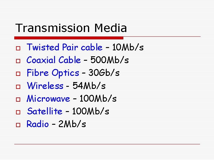 Transmission Media o o o o Twisted Pair cable – 10 Mb/s Coaxial Cable