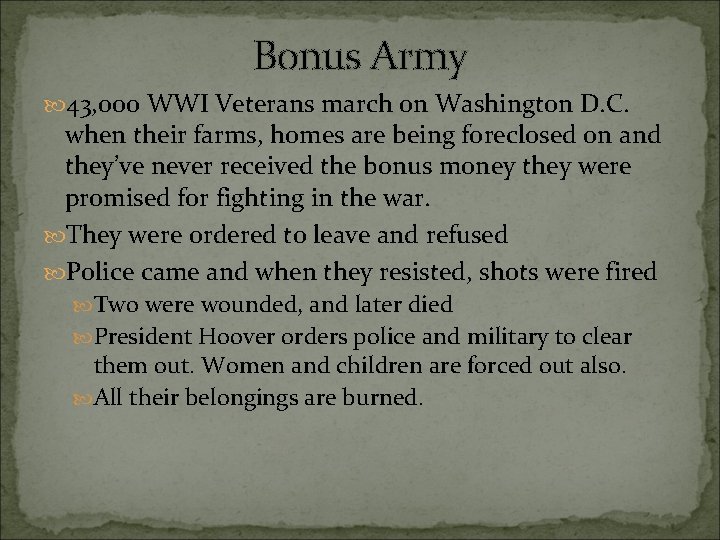 Bonus Army 43, 000 WWI Veterans march on Washington D. C. when their farms,