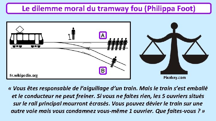 Le dilemme moral du tramway fou (Philippa Foot) A Fr. wikipedia. org B Pixabay.