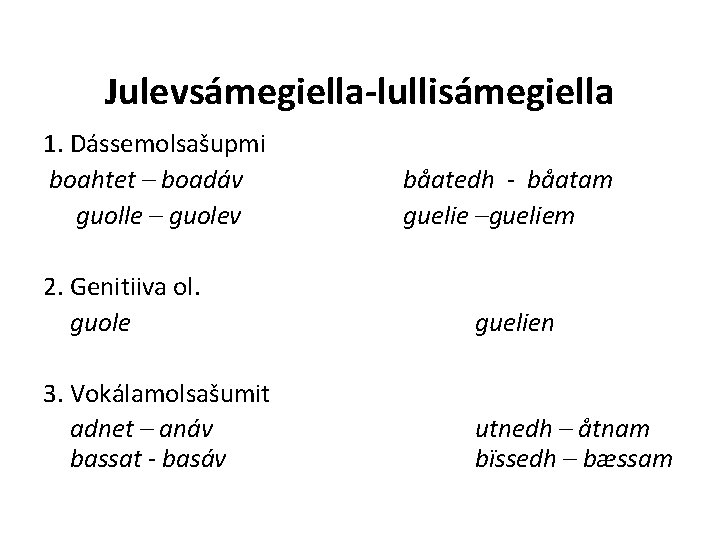 Julevsámegiella-lullisámegiella 1. Dássemolsašupmi boahtet – boadáv guolle – guolev båatedh - båatam guelie –gueliem