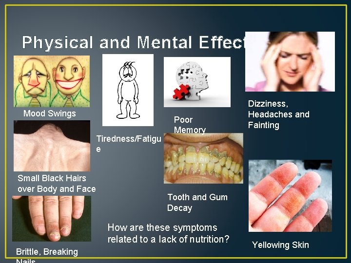 Physical and Mental Effects Mood Swings Tiredness/Fatigu e Small Black Hairs over Body and