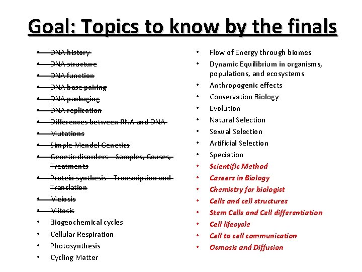 Goal: Topics to know by the finals • • • • • DNA history
