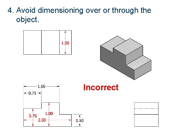 4. Avoid dimensioning over or through the object. Incorrect 