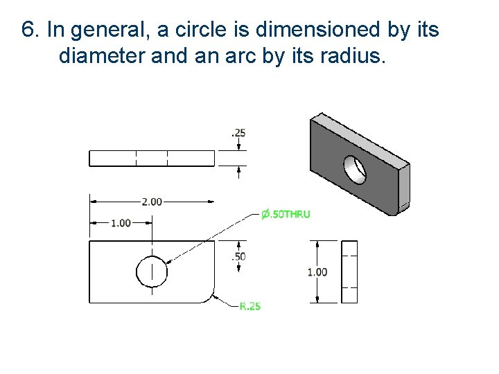 6. In general, a circle is dimensioned by its diameter and an arc by