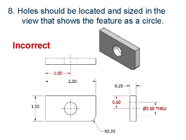 8. Holes should be located and sized in the view that shows the feature