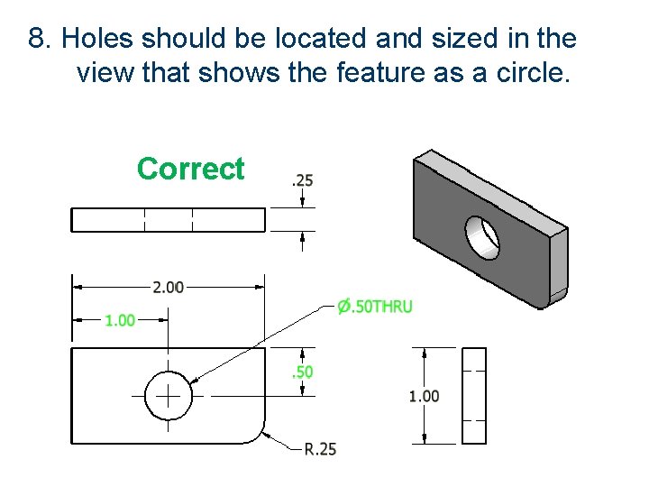 8. Holes should be located and sized in the view that shows the feature